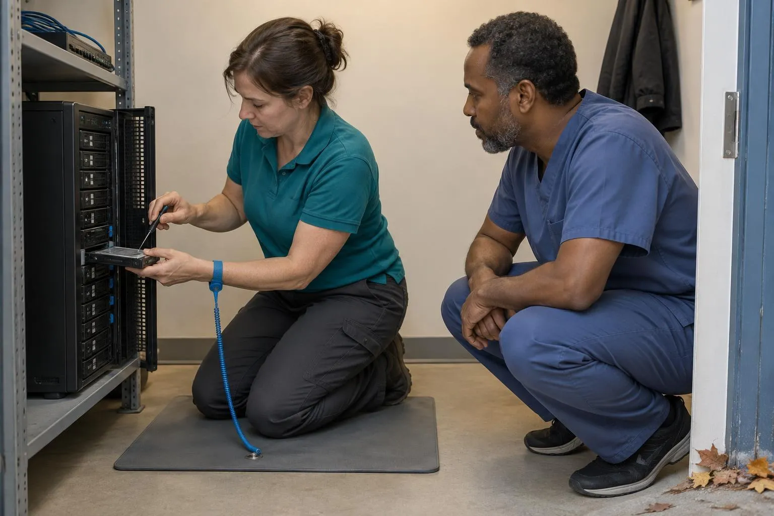 A technician in an anti-static wrist strap removes a drive from an open dental office server as the dentist watches.