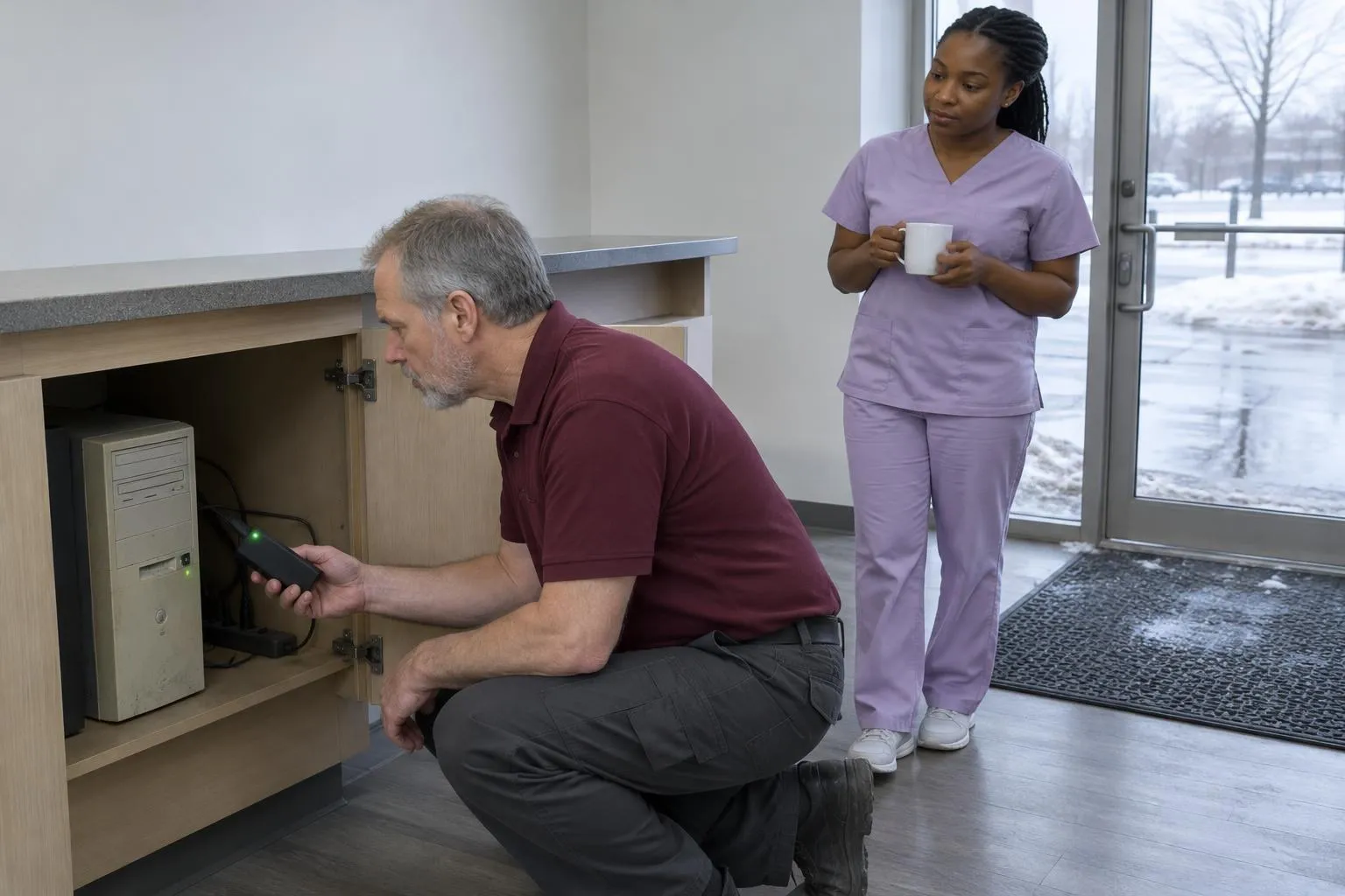 A dental IT specialist kneels at a reception cabinet, comparing a backup drive with an older computer tower as a hygienist watches.