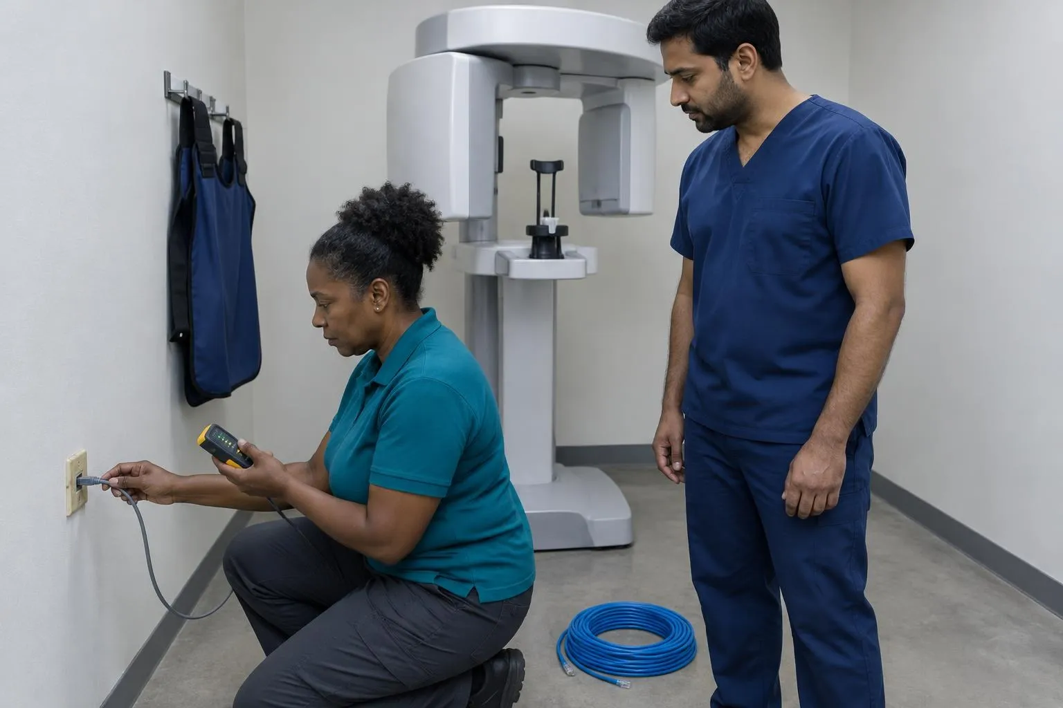 A dental IT specialist tests an old wall network jack with a cable tester beside an idle new CBCT scanner as a dentist watches.