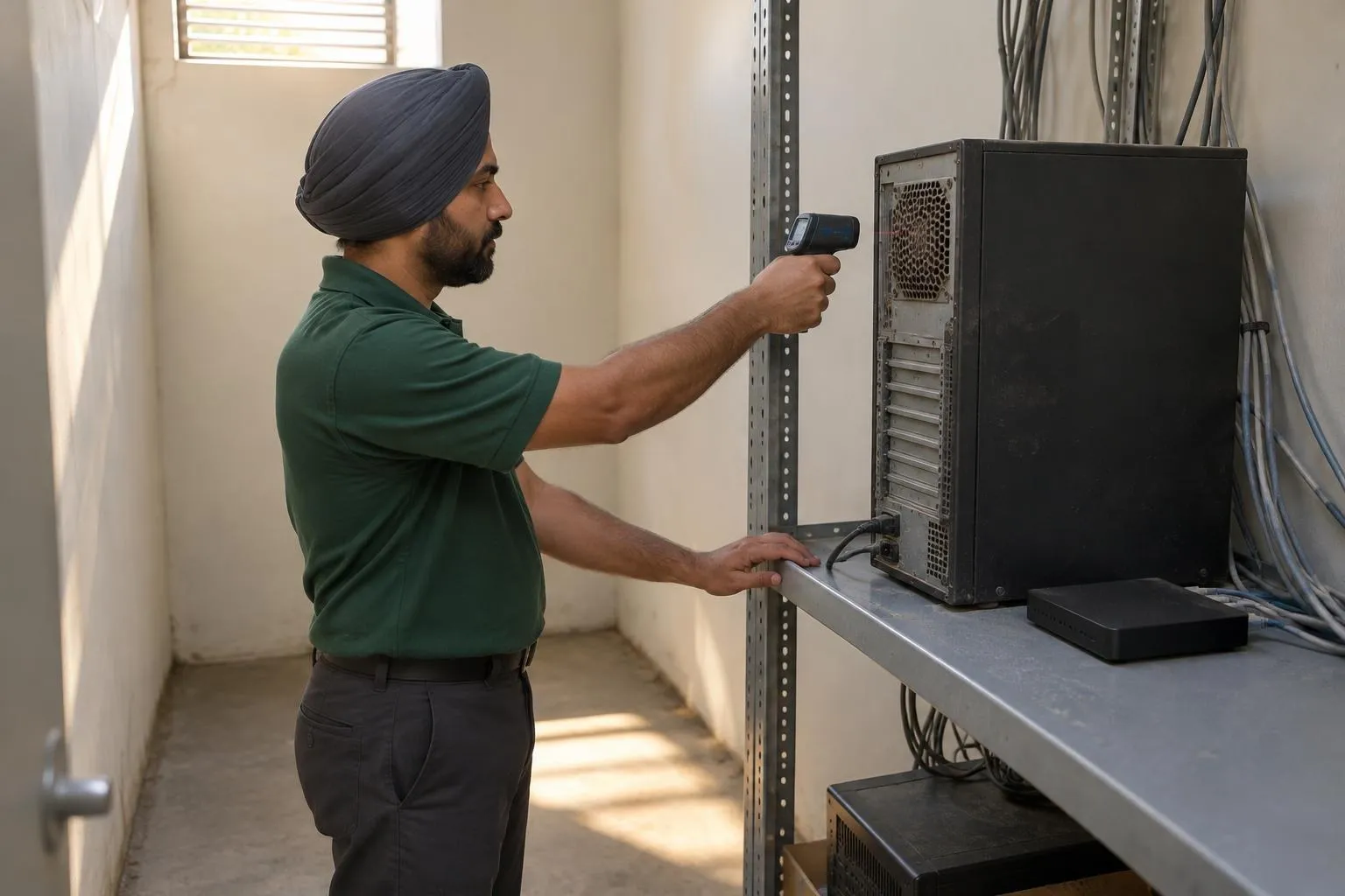 Technician aims a handheld infrared thermometer at the hot vent of an old dental practice server beside a small gateway box.