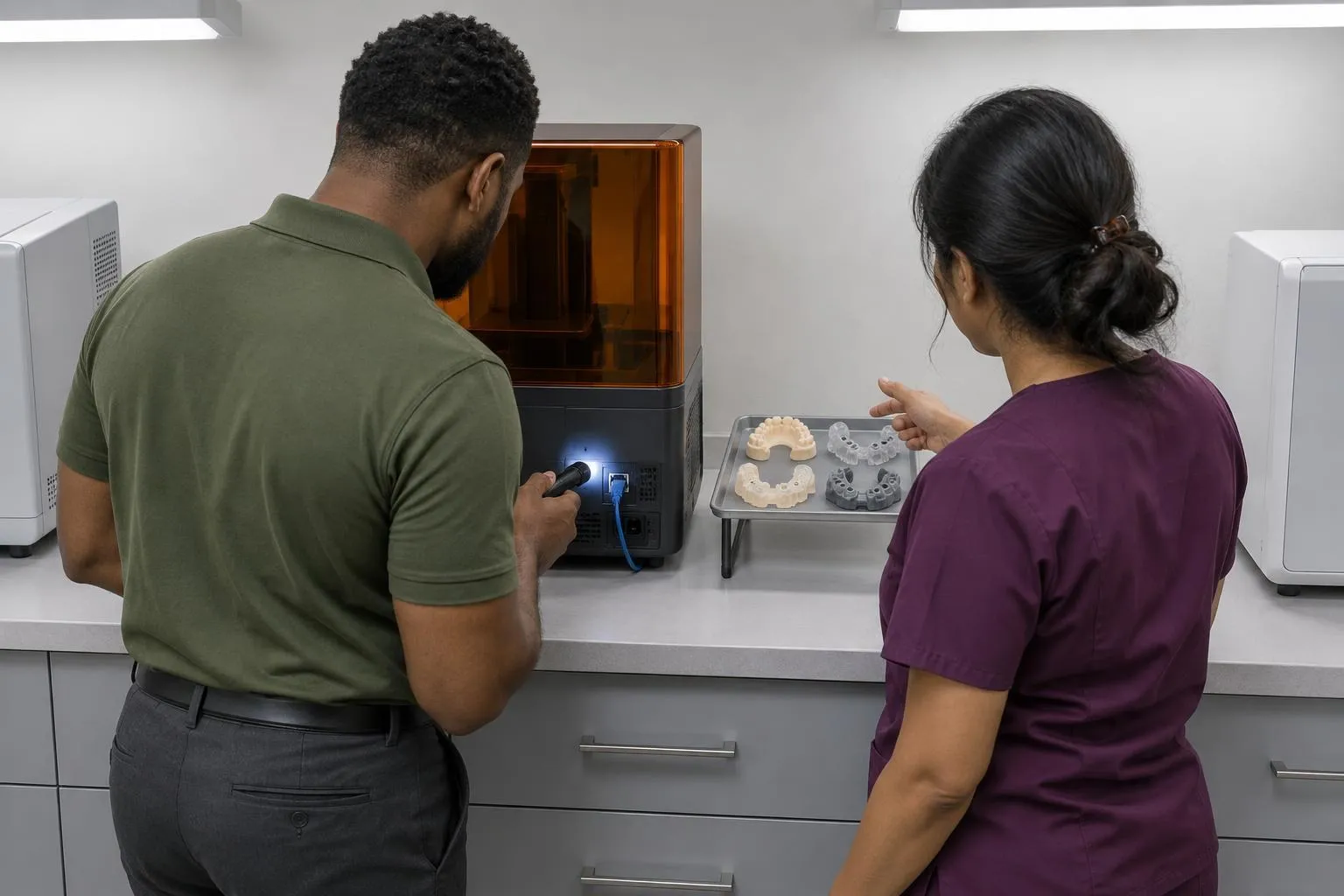 A dentist questions a prospective IT provider beside a dental 3D printer during an onsite hiring walkthrough.