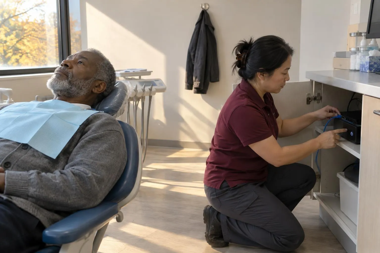 A dental IT specialist kneels at a chairside cabinet reseating a network cable while a patient waits in the reclined chair.
